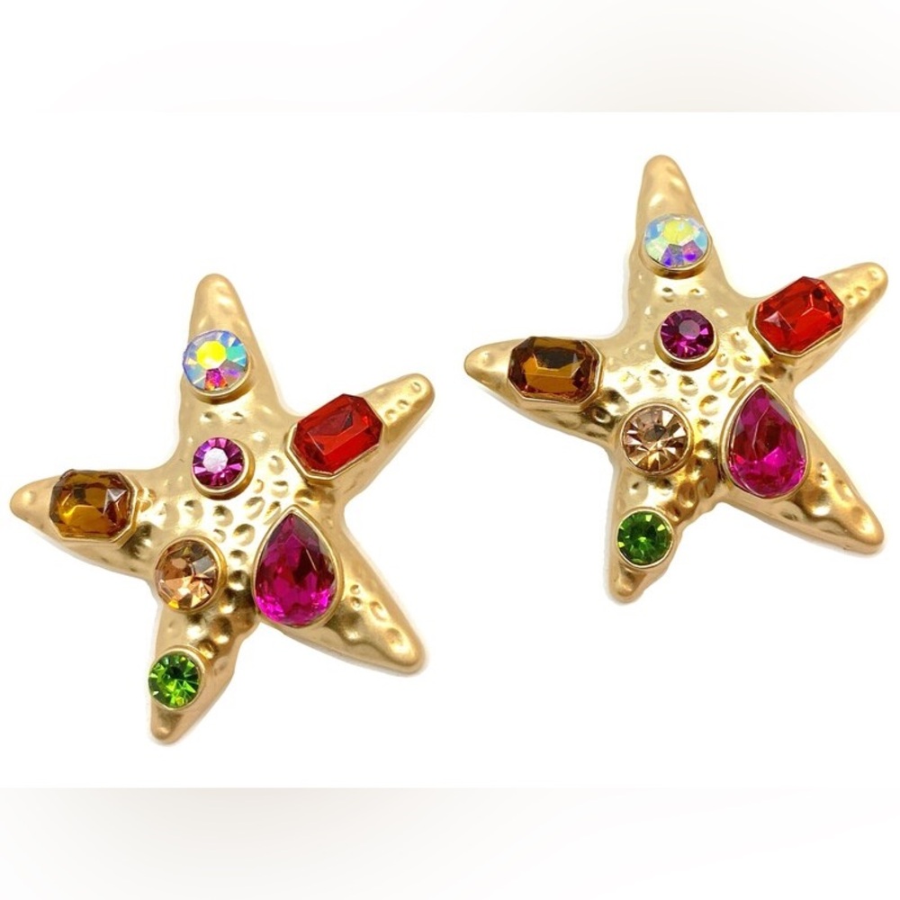Kenneth Jay Lane Inspired Bejewelled Brushed Gold STARFISH Earrings